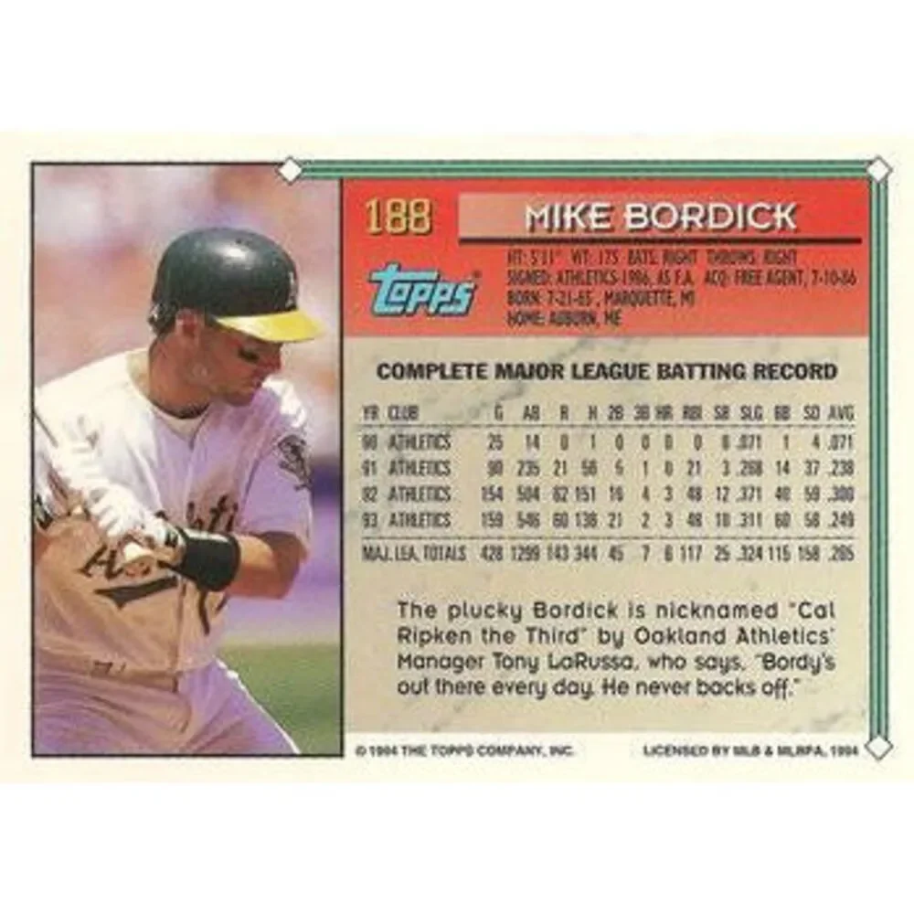 1994 Topps Mike Bordick # 188 Oakland Athletics